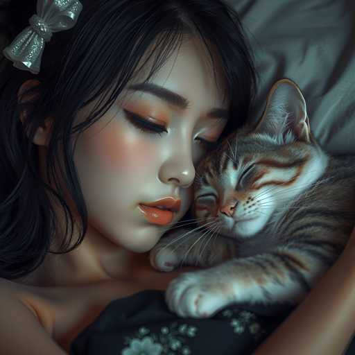 A woman with long dark hair is seen holding a cat on her lap while lying down on a bed. The cat has white and brown fur and appears to be sleeping peacefully.