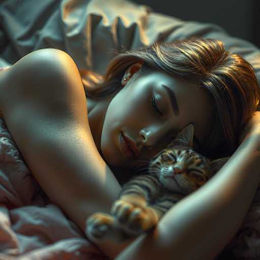 A woman peacefully sleeps nestled in a soft bed, a small tabby cat curled up beside her. Warm, golden light bathes the scene, highlighting the intimate closeness and serene atmosphere. The focus is on the gentle embrace between human and animal, captured with a soft, dreamlike aesthetic.