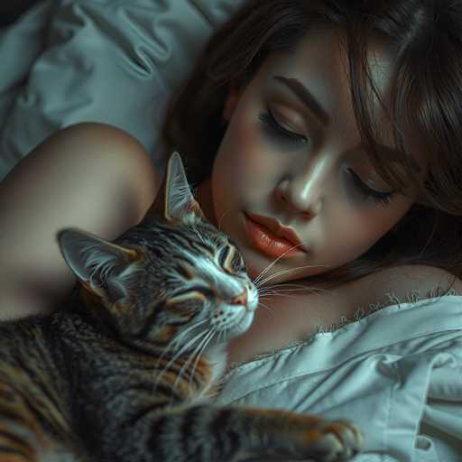 A woman and a tabby cat are snuggled together in bed, bathed in soft light. The focus is on their close physical closeness and peaceful expressions, emphasizing a tender, intimate moment of comfort. The art style is dreamy and romantic, with a muted color palette enhancing the serene atmosphere.