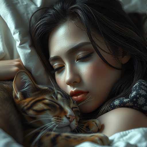 A serene close-up captures a woman peacefully sleeping, nestled in a warm embrace with a sleeping tabby cat. Soft, golden light bathes the scene, highlighting the woman's closed eyes and gentle expression. The art style is a blend of realistic detail and soft, dreamy lighting, emphasizing intimacy and tranquility.