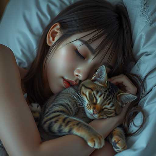 A serene digital painting depicts a woman peacefully sleeping, nestled in a warm embrace with a small tabby cat. The focus is on the intimate closeness, with soft lighting highlighting their relaxed expressions and gentle fur textures. The art style is realistic, emphasizing a calm, dreamlike atmosphere.