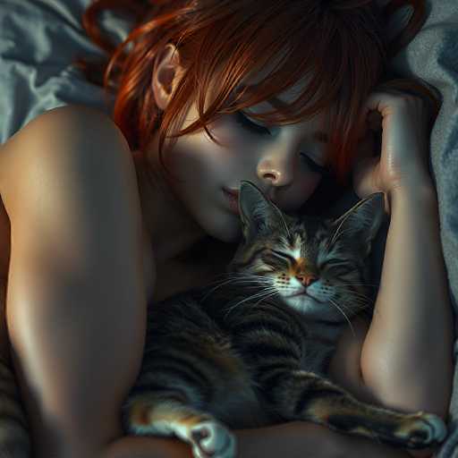 A digital painting of a young woman with vibrant red hair and closed eyes, peacefully sleeping in bed. She is nestled in the arms of a tabby cat, its face resting against her cheek. The lighting is soft and warm, casting gentle shadows on the scene. The background is a muted gray, emphasizing the intimate and cozy atmosphere of the moment.