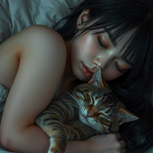A serene digital painting depicts a woman and cat nestled in bed, bathed in soft light. The woman, with long black hair and delicate features, is embraced by a striped tabby cat. Their eyes are closed, suggesting peaceful sleep. The art style is soft and dreamlike, emphasizing a warm, intimate moment.