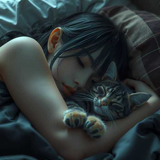 A serene digital painting depicts a person peacefully sleeping, nestled in bed with a curled-up cat. The focus is on the intimate closeness between them, highlighting soft lighting and detailed textures of hair and fur. The art style is dreamy and intimate, emphasizing a calm, cozy atmosphere.