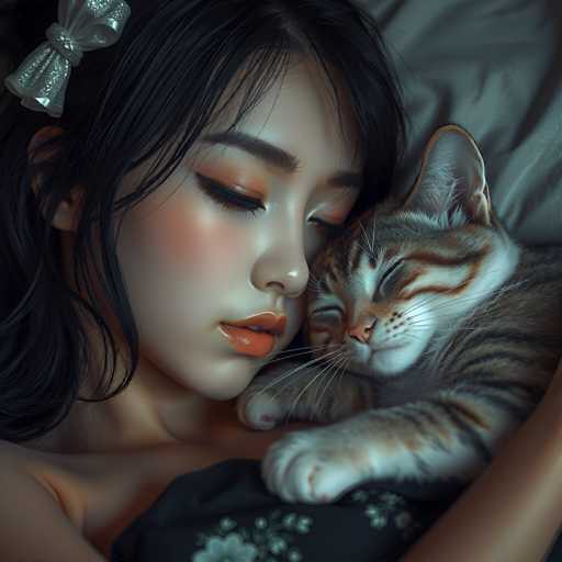 A serene digital painting depicts a young woman peacefully sleeping, nestled in a gentle embrace with a small tabby cat. The focus is on soft lighting and detailed textures, creating a dreamy, intimate atmosphere. The art style leans towards realistic digital illustration with a focus on delicate beauty and calm.