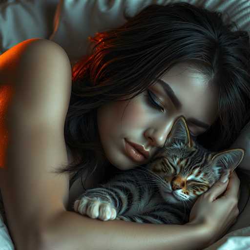 A woman with long, dark hair and soft makeup is peacefully asleep, nestled in a cozy bed with a small tabby cat curled up on her chest. The warm lighting creates a serene, intimate atmosphere. The focus is on the gentle closeness between the woman and cat, emphasizing comfort and tranquility.