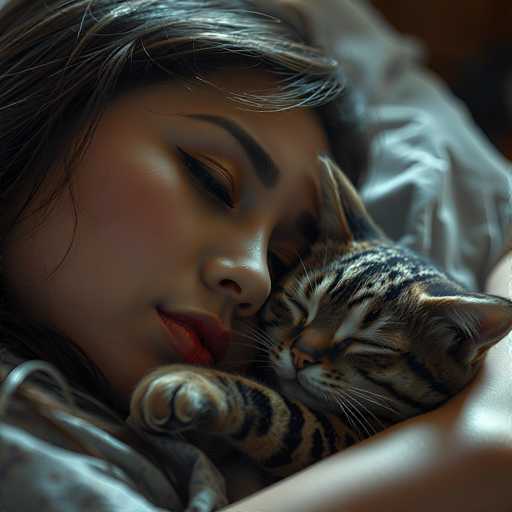 A serene close-up captures a woman peacefully sleeping, nestled in a warm embrace with a curled-up tabby cat. Soft, golden light bathes the scene, highlighting the woman's closed eyes and gentle smile. The cat's relaxed form and soft fur add to the cozy intimacy, creating a dreamy, intimate portrait with a focus on texture and warmth.