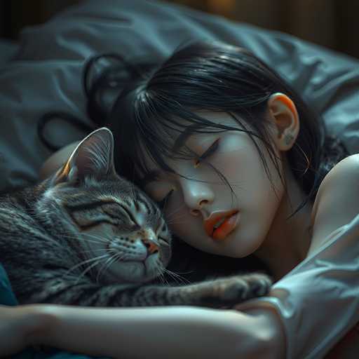 A serene, close-up digital painting of a young woman peacefully sleeping with a tabby cat curled up on her chest. The scene is bathed in soft, warm lighting, creating a cozy and intimate atmosphere. The woman has long, dark hair with subtle highlights, and her eyes are closed in a relaxed expression. Her skin has a delicate, porcelain-like texture, and her lips are slightly parted. The tabby cat is nestled comfortably against her, its eyes closed as well, and its soft fur appears to be gently embracing the woman. The background is blurred, drawing focus to the sleeping pair and emphasizing their peaceful connection.
