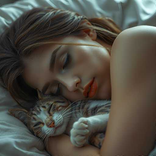A serene close-up captures a woman peacefully asleep, nestled in bed with a sleeping tabby cat curled against her. Soft, warm lighting highlights their relaxed expressions and the gentle closeness between them. The art style is dreamy and intimate, emphasizing a moment of quiet comfort and affection.