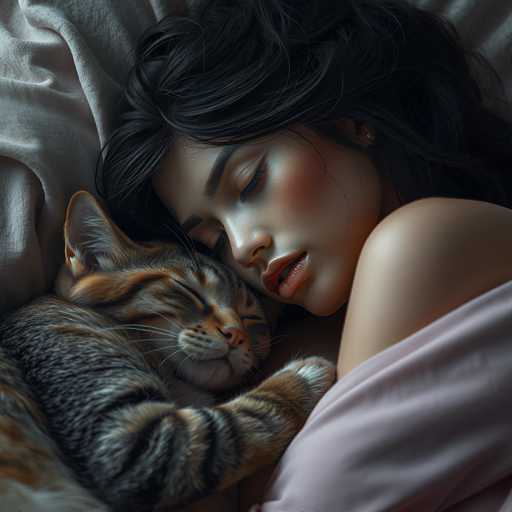 A woman is lying down on a bed with her head resting on the arm of the bed and holding a cat that has its paw up in the air.