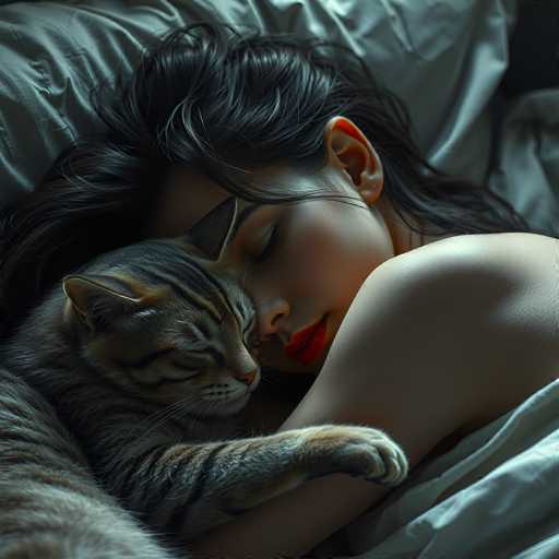 A woman peacefully sleeps, nestled in a cozy bed with her tabby cat curled up on her chest. Dark, flowing hair frames the woman's face, and a soft glow illuminates the scene. The art style is intimate and dreamlike, emphasizing warmth and tranquility with a focus on close-up detail.
