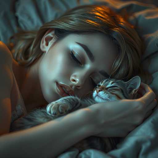 A serene, close-up image depicts a woman peacefully sleeping in bed, nestled with a small tabby cat. Soft, warm lighting highlights their relaxed expressions and gentle embrace. The art style is dreamlike, emphasizing a calm, intimate moment of comfort and tranquility.
