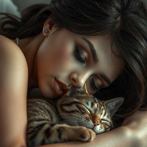 A beautiful woman with long, dark hair and delicate features is peacefully sleeping, nestled in a warm embrace with a small tabby cat. The woman's eyes are closed, and her lips are gently parted in a serene expression of contentment. The cat is curled up against her, its soft fur and gentle purr creating a cozy atmosphere. Soft, warm lighting bathes the scene in a dreamy glow, highlighting the intimate connection between the woman and her feline companion. The overall mood is one of tranquility, comfort, and peaceful companionship.