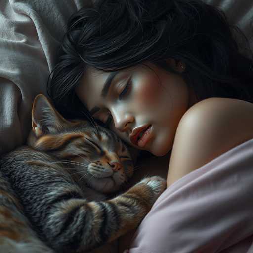 A serene, close-up image depicts a woman peacefully sleeping nestled with a tabby cat. The focus is on their intertwined forms, highlighting the soft textures and gentle lighting. The art style leans towards a dreamy, intimate aesthetic with a focus on delicate details and warm tones.