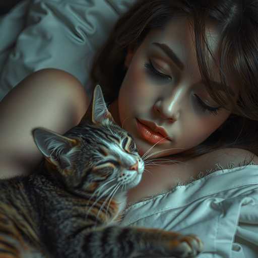 A woman with brown hair is lying on a bed and holding a cat that has orange and white fur.