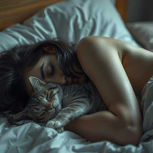 A woman peacefully sleeps in bed, nestled in a cozy embrace with her tabby cat. The soft lighting and close-up shot create a warm, intimate atmosphere. The focus is on the gentle closeness between human and pet, highlighting a moment of comfort and tranquility.