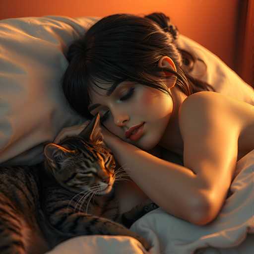 A serene, warm-toned digital painting depicts a woman peacefully sleeping in bed with a tabby cat nestled beside her. The focus is on the soft, intimate moment, bathed in a golden light that highlights their relaxed expressions. The art style is realistic with a gentle, dreamy quality.