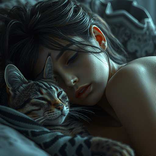 A serene digital painting depicts a woman peacefully sleeping, nestled in bed with a curled-up tabby cat. The focus is on the intimate closeness of the sleeping pair, bathed in soft, warm lighting. The art style leans towards a realistic, slightly dreamy aesthetic with detailed textures and gentle shading.