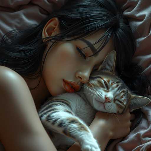 A woman with long dark hair is lying on a bed and holding a cat that has white fur and orange stripes.