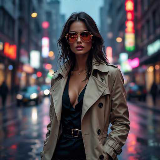 A woman is standing on a city street at night, wearing a trench coat and sunglasses. She has long brown hair that falls over her shoulders. The background of the image shows buildings with neon signs and cars parked along the street.