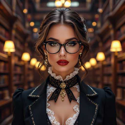 A stylish woman in a black jacket and lace collar, wearing large glasses and ornate gold earrings, gazes directly at the viewer. She's positioned in a dimly lit library with blurred bookshelves receding into the background, creating a sense of depth. The art style is detailed and slightly fantastical, emphasizing a sophisticated, vintage aesthetic.