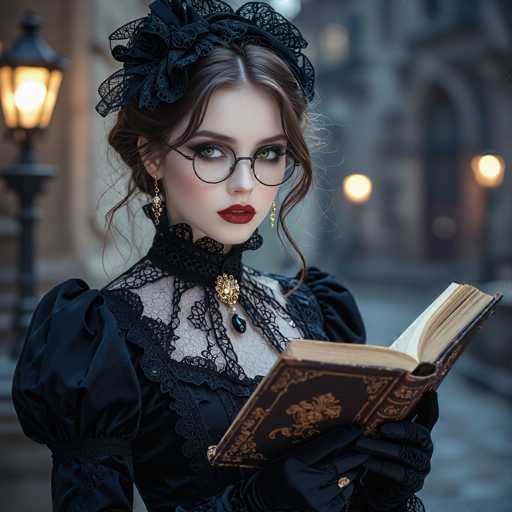 A woman in a vintage black lace dress and ornate headpiece intently reads an antique book, her gaze direct. She wears round glasses and black gloves, adding to the Victorian-era aesthetic. The soft, warm lighting highlights her face and the book's aged pages, set against a blurred, dimly lit urban backdrop. The overall style is atmospheric and slightly mysterious.