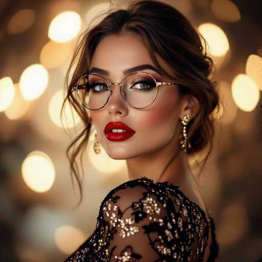 A glamorous woman with striking makeup and elegant gold-rimmed glasses gazes directly at the viewer. She's wearing a black lace top and ornate gold earrings, set against a softly blurred backdrop of warm, glowing bokeh lights. The focus is on her face, creating a portrait with a sophisticated and intimate feel.
