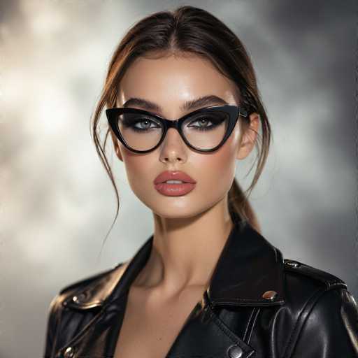 A stylish woman with striking black cat-eye glasses and a leather jacket commands attention in a close-up portrait. The focus is on her face, with soft lighting highlighting her features against a blurred, textured backdrop. The art style is modern and glamorous, emphasizing a sophisticated, fashion-forward aesthetic.