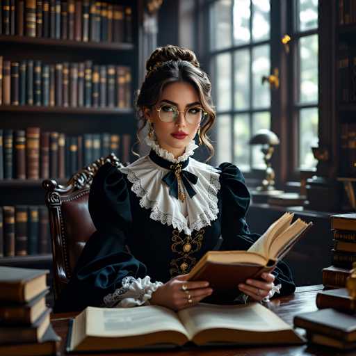 A woman in a vintage, ornate black dress and lace collar sits immersed in an open book amidst a grand library. She wears round glasses and elegant jewelry, her attention focused on the pages. The scene is bathed in soft light filtering through large windows, creating a warm and scholarly atmosphere with numerous bookshelves filled with old books in the background. The art style is detailed and evocative, reminiscent of a historical portrait.