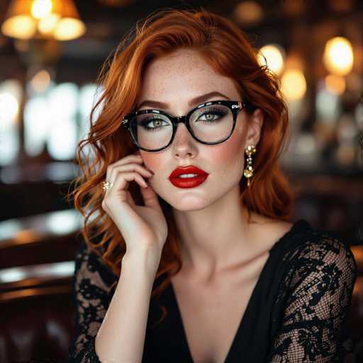 A woman with vibrant red curly hair and freckles, wearing stylish black-framed glasses and a black lace top, gazes directly at the viewer. Her red lips are accentuated with bold red lipstick, and she wears gold earrings. The soft focus background suggests an intimate setting, creating a portrait with a vintage-inspired aesthetic.