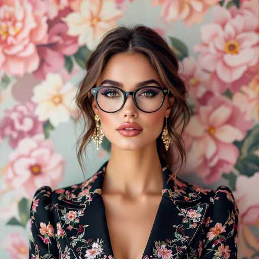 A stylish woman with dark hair and glasses gazes directly at the viewer, wearing a floral blazer and ornate earrings. She's positioned against a vibrant, patterned wallpaper of pink flowers, creating a portrait with a focus on her face and elegant attire. The overall style is fashion-forward and emphasizes a sophisticated, modern aesthetic.