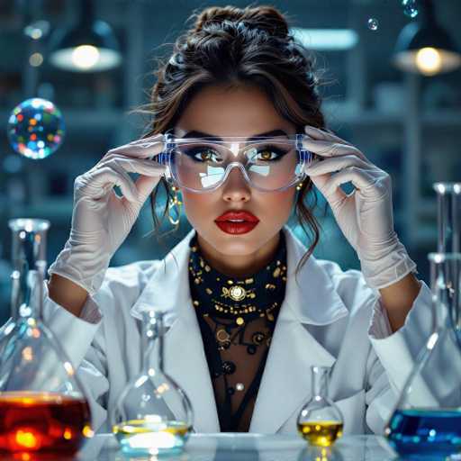 A woman wearing a white lab coat and safety goggles is holding a pair of glasses over her eyes while standing behind a table filled with various chemicals and glassware.