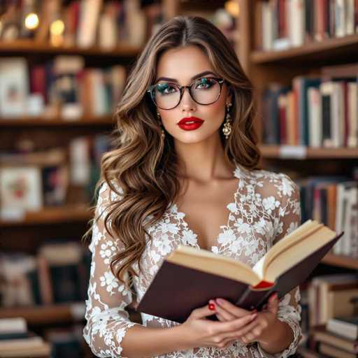 A stylish woman with long, wavy brown hair and glasses is engrossed in reading a large, open book amidst a backdrop of bookshelves. She wears a white lace top and red lipstick, holding the book close. The image has a soft, warm lighting, creating an intimate and intellectual atmosphere.