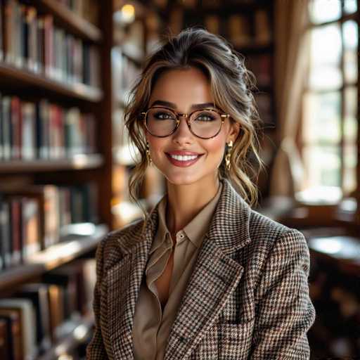 A stylish woman with a warm smile and glasses is the central focus, positioned in front of a blurred bookshelf. She's wearing a brown checkered blazer and a beige shirt, complemented by gold earrings. The soft focus background emphasizes the woman while highlighting the cozy, classic atmosphere of a library setting.