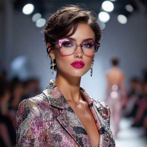 A fashion model in a vibrant, patterned jacket and statement glasses commands attention on a runway. The focus is on her elegant face, with bold pink lipstick and dramatic gold earrings, set against a blurred background of other models. The lighting is bright, highlighting the intricate details of her attire and creating a glamorous, high-fashion aesthetic.