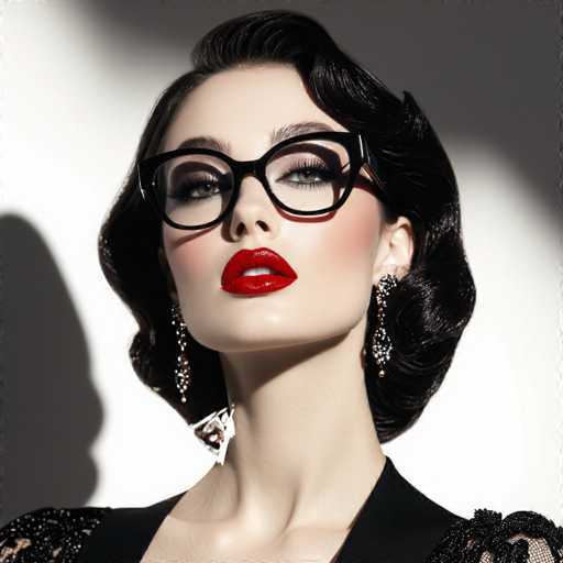 A glamorous woman with dark, voluminous hair and bold red lipstick wears oversized black-framed glasses. She's adorned with ornate, dangling earrings and a black lace top. The image is a high-contrast portrait with dramatic lighting, emphasizing a vintage, sophisticated aesthetic.