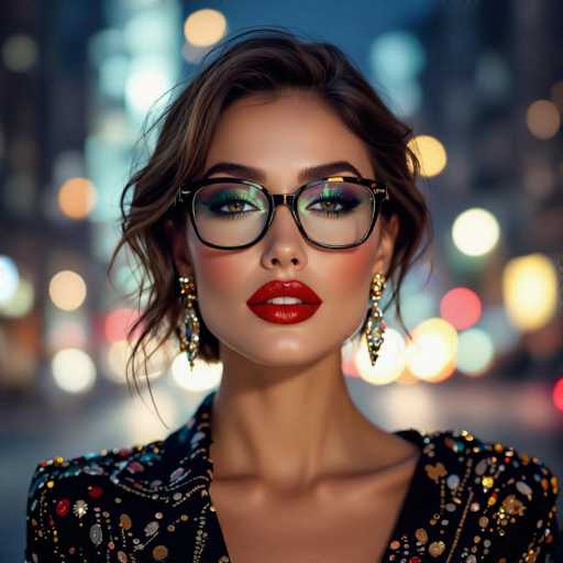 A stylish woman with captivating eyes and bold red lipstick is the central focus, wearing large, ornate glasses. She's adorned in a shimmering, embellished jacket and striking chandelier earrings. The blurred city lights create a vibrant, glamorous urban backdrop, emphasizing her confident gaze and sophisticated presence in a portrait with a focus on fashion and beauty.