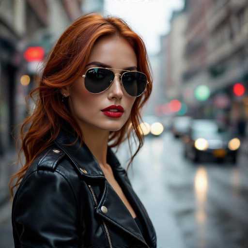 A stylish woman with vibrant red hair and sunglasses commands attention in a black leather jacket, her gaze directed towards the viewer. The blurred city street background with bokeh lights creates a modern, urban aesthetic. The focus is sharp on the woman, highlighting her confident pose and bold makeup.