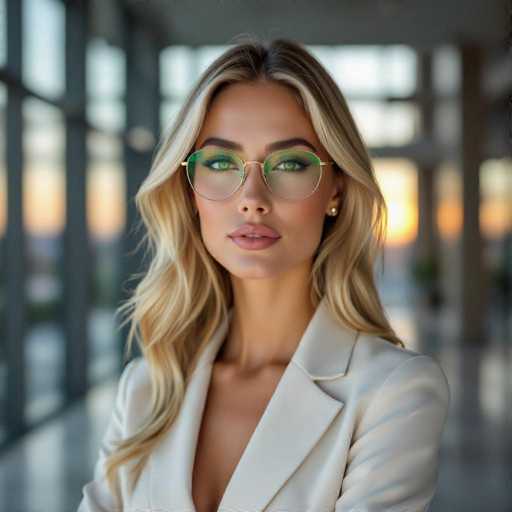 A stylish woman with long blonde hair and green-rimmed glasses confidently faces the camera, wearing a cream blazer. The blurred background suggests an office setting with soft, warm light filtering through large windows. The focus is sharp on the woman, highlighting her elegant and professional appearance in a modern portrait style.
