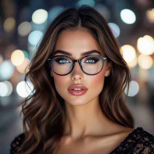 The image shows a woman with long brown hair wearing glasses and makeup. She is looking directly at the camera with an expression of interest or curiosity. The background features blurred lights from a city street, suggesting that she might be in an urban setting.