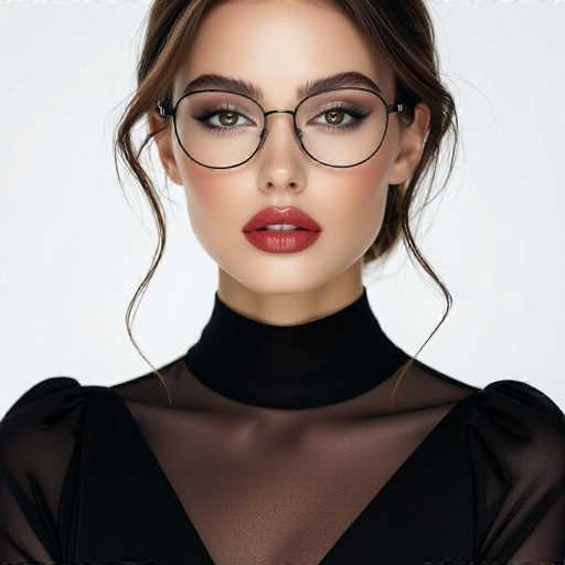 A close-up portrait features a woman with striking brown eyes and dark hair, wearing round glasses and a black turtleneck top. The focus is on her face, with soft lighting highlighting her features. The style is elegant and modern, emphasizing a sophisticated aesthetic.