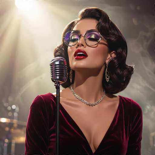 A glamorous vintage singer with retro sunglasses and a velvet dress passionately performs into a classic microphone. The image is bathed in warm stage lights, creating a dramatic, nostalgic atmosphere reminiscent of mid-20th-century glamour. The focus is on the singer's expressive face and the intimate connection with the microphone, highlighting a vintage performance style.