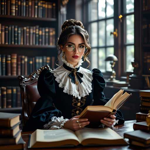 A woman is seated at a desk with an open book in front of her and wearing a black dress with lace sleeves and a white collar. The room has tall windows that let in natural light, creating a warm and inviting atmosphere.