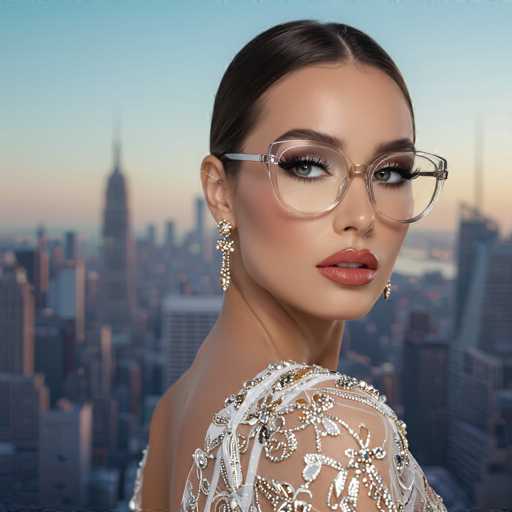 The image shows a woman with long brown hair wearing glasses and earrings. She is dressed in a white dress adorned with gold embroidery. The background features a city skyline under a clear blue sky.