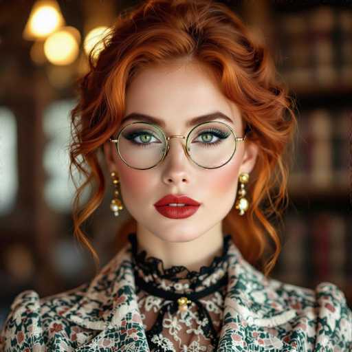 A woman with vibrant red curly hair and striking green eyes is centrally positioned, wearing round gold-rimmed glasses. She's adorned in a patterned jacket and lace collar, complemented by elegant gold earrings. The focus is on her face, with a soft, warm lighting creating a portrait-style image with a vintage and sophisticated aesthetic.