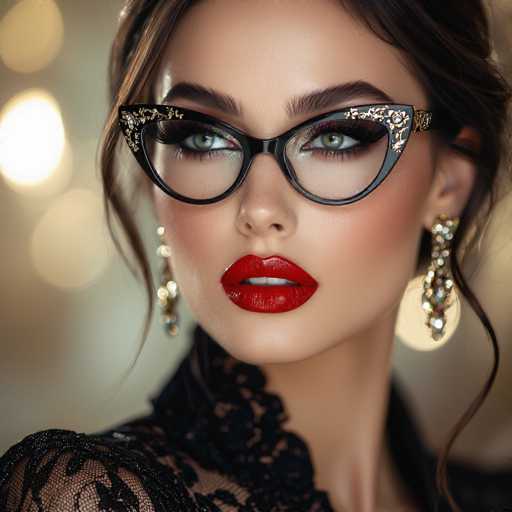 A glamorous portrait features a woman with striking green eyes and bold red lipstick, wearing ornate black-framed glasses. She's adorned with elegant chandelier earrings and a lace top. The soft, blurred background of warm bokeh lights creates a sophisticated, high-fashion aesthetic with a focus on the woman's captivating gaze.