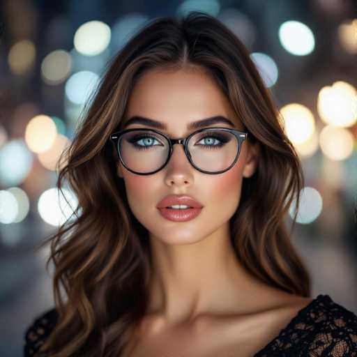A stunning woman with captivating blue eyes and long, wavy brown hair is centrally positioned, wearing stylish black-framed glasses. The soft focus background of blurred city lights creates a dreamy, intimate atmosphere. The portrait is a modern, high-fashion style emphasizing the subject's beauty and direct gaze.