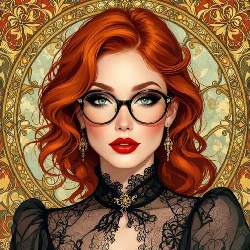 A stylish portrait features a woman with vibrant red, curly hair and large, round glasses, adorned in an intricate black lace top. She gazes directly at the viewer with bold red lipstick and striking green eyes, framed by ornate gold earrings. The background is a detailed, circular golden design with a muted teal center, creating a vintage-inspired aesthetic.