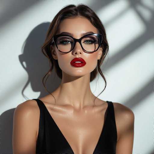 A glamorous woman with striking black-framed glasses and bold red lipstick is the central focus, positioned against a softly lit white backdrop with dramatic shadows. Her elegant black dress and carefully styled hair enhance the sophisticated, high-fashion aesthetic of this portrait. The lighting creates a strong contrast, emphasizing her features and adding depth to the image.