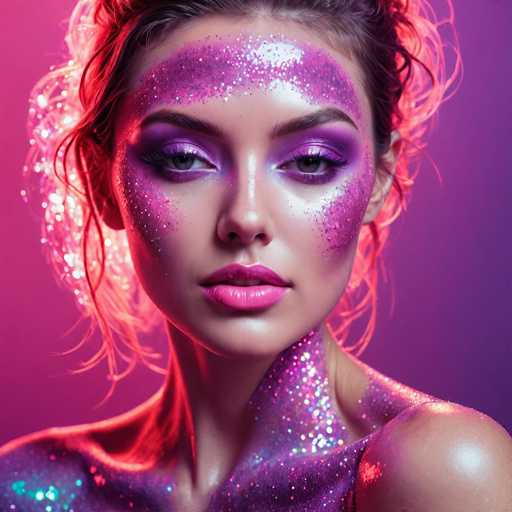 A glamorous, close-up portrait features a woman with vibrant purple glitter makeup, adorned in a shimmering purple and pink sequined outfit. Her face is the focal point, with sparkling glitter art emphasizing her eyes and cheekbones. The lighting creates a dramatic, ethereal atmosphere, showcasing a high-fashion, artistic style with a focus on bold makeup and texture.